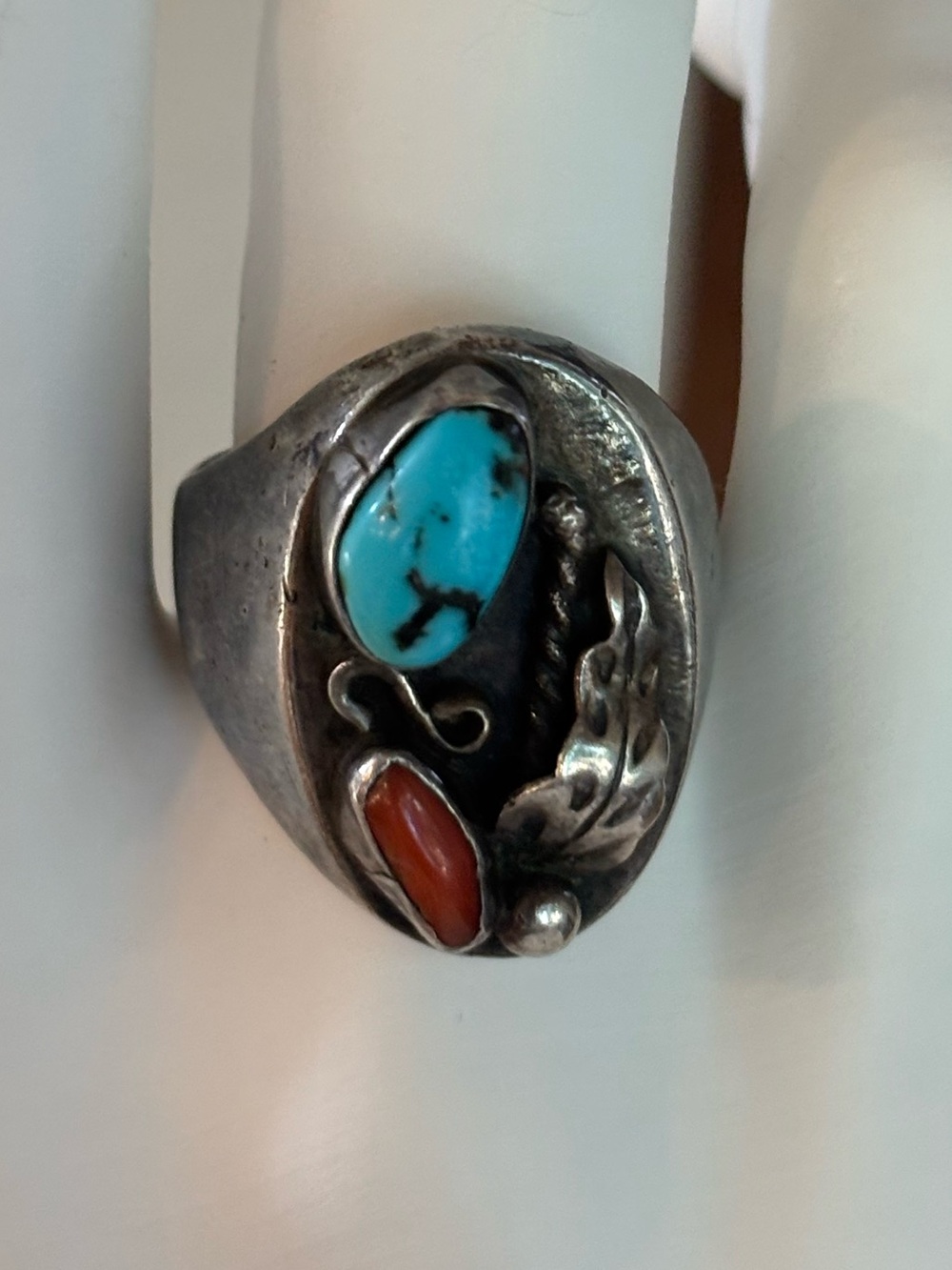 Vintage Sterling Silver Turquoise Coral Ring 10 Southwestern Native Old Pawn 21g - Picture 9 of 10